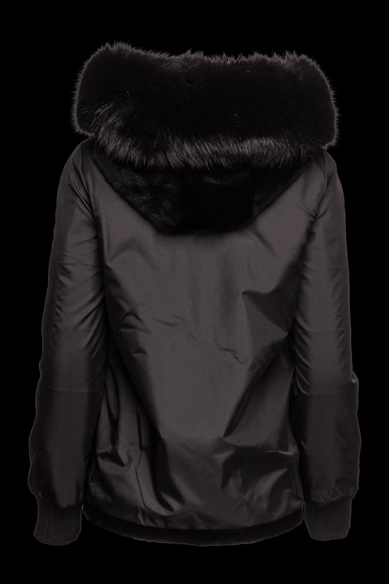Black EM-EL Women's Reversible Plaid Sheared Mink Fur Jacket - Fox Trimmed Hood