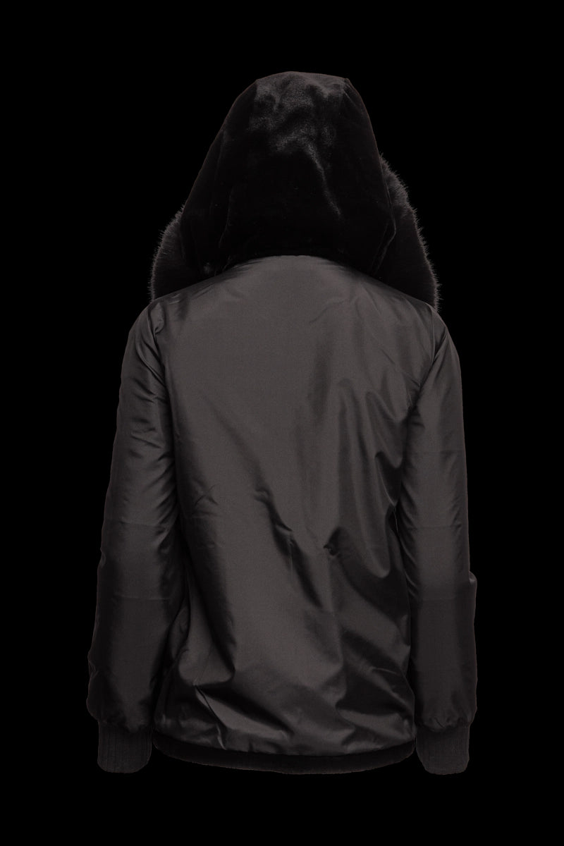 Black EM-EL Women's Reversible Plaid Sheared Mink Fur Jacket - Fox Trimmed Hood