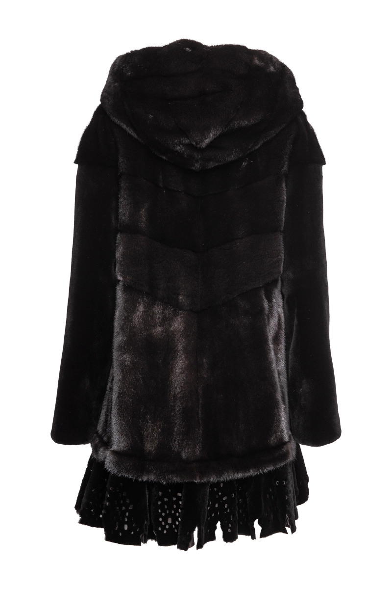 Black EM-EL Women's Hooded Directional Mid-Length Mink Fur Coat - Lace Bottom