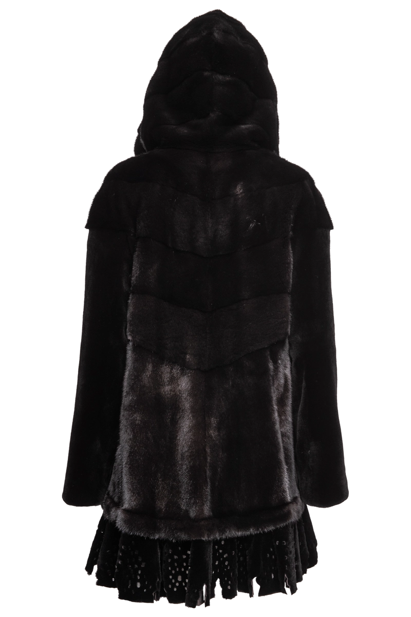 Black EM-EL Women's Hooded Directional Mid-Length Mink Fur Coat - Lace Bottom