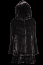 Black EM-EL Women's Hooded Directional Mid-Length Mink Fur Coat - Lace Bottom