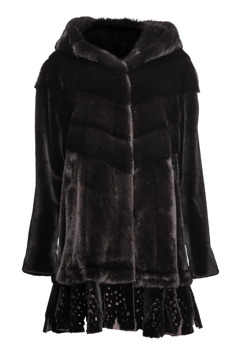 Black EM-EL Women's Hooded Directional Mid-Length Mink Fur Coat - Lace Bottom