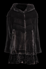 Black EM-EL Women's Hooded Directional Mid-Length Mink Fur Coat - Lace Bottom