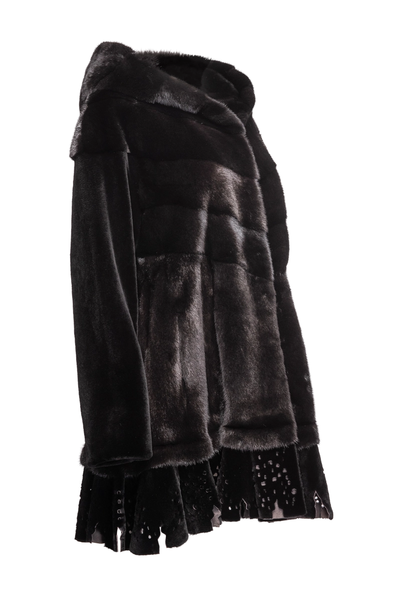 Black EM-EL Women's Hooded Directional Mid-Length Mink Fur Coat - Lace Bottom