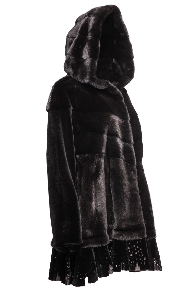 Black EM-EL Women's Hooded Directional Mid-Length Mink Fur Coat - Lace Bottom