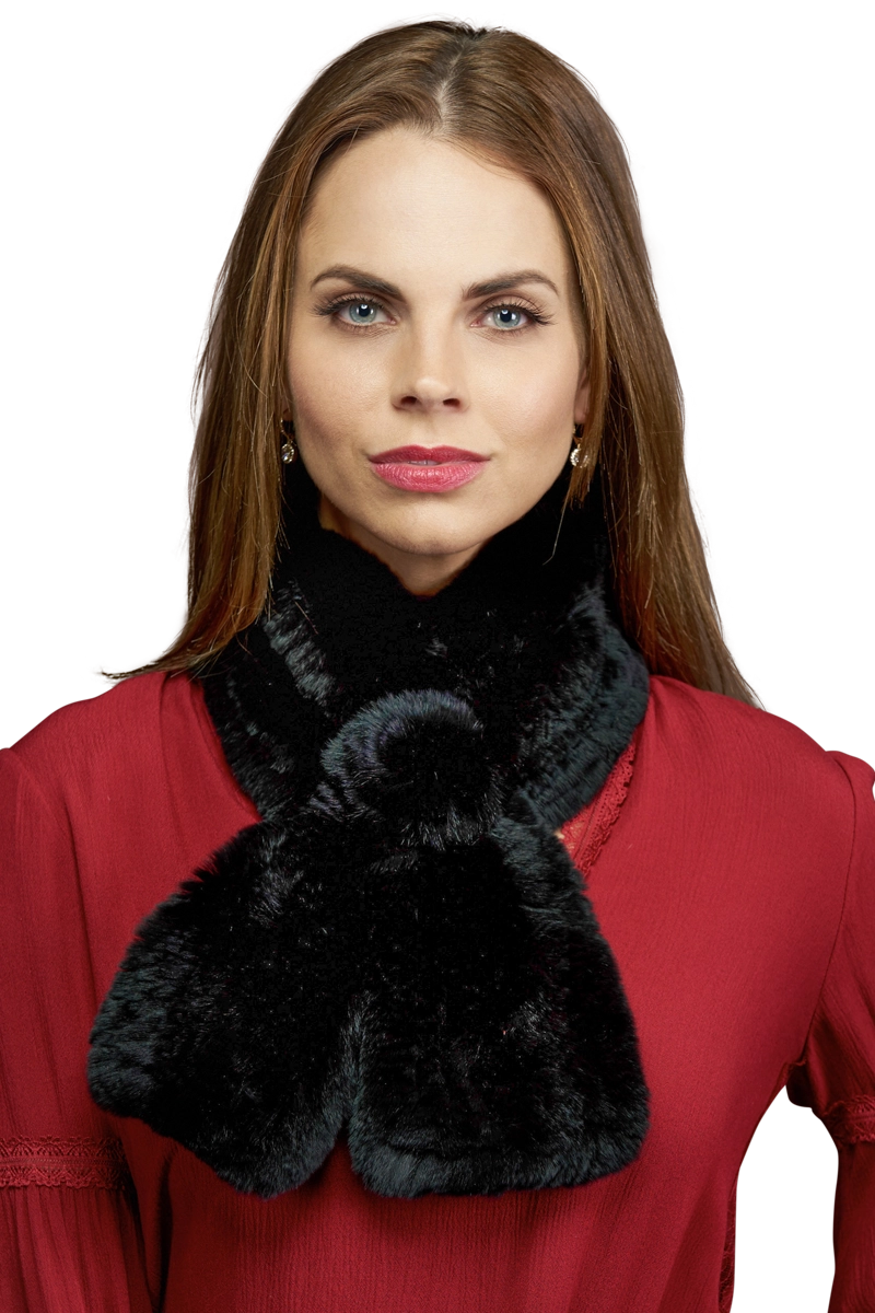 Black EM-EL Knitted Rex Rabbit Pull-Though Scarf