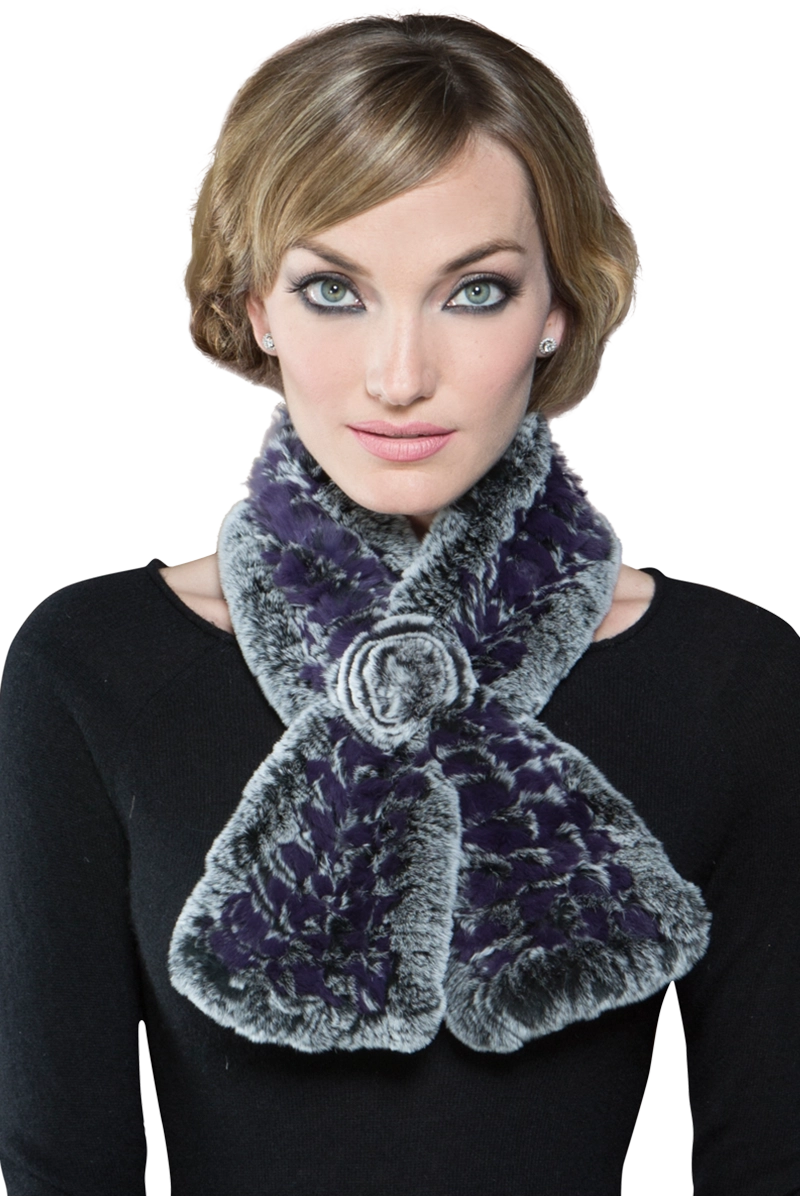 Purple EM-EL Knitted Rex Rabbit Pull-Though Scarf MODEL FRONT VIEW