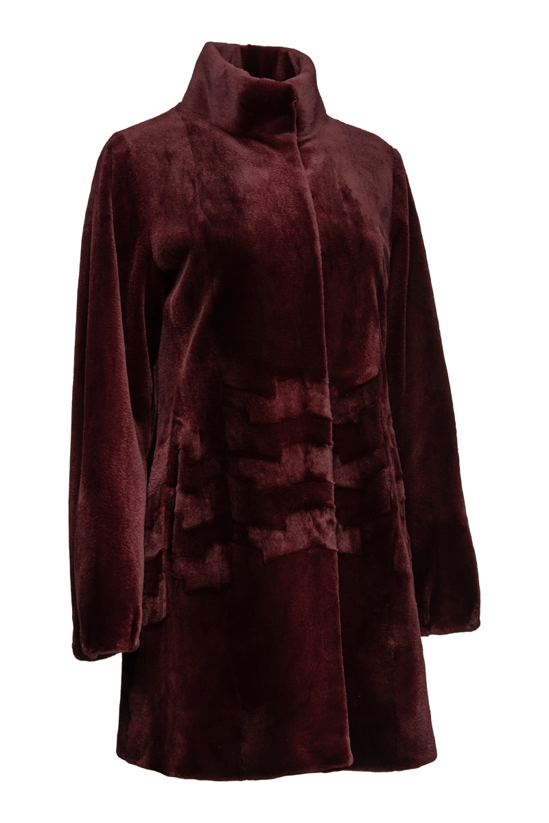 Burgundy EM-EL Sheared Patterned Mid-Length Mink Fur Coat