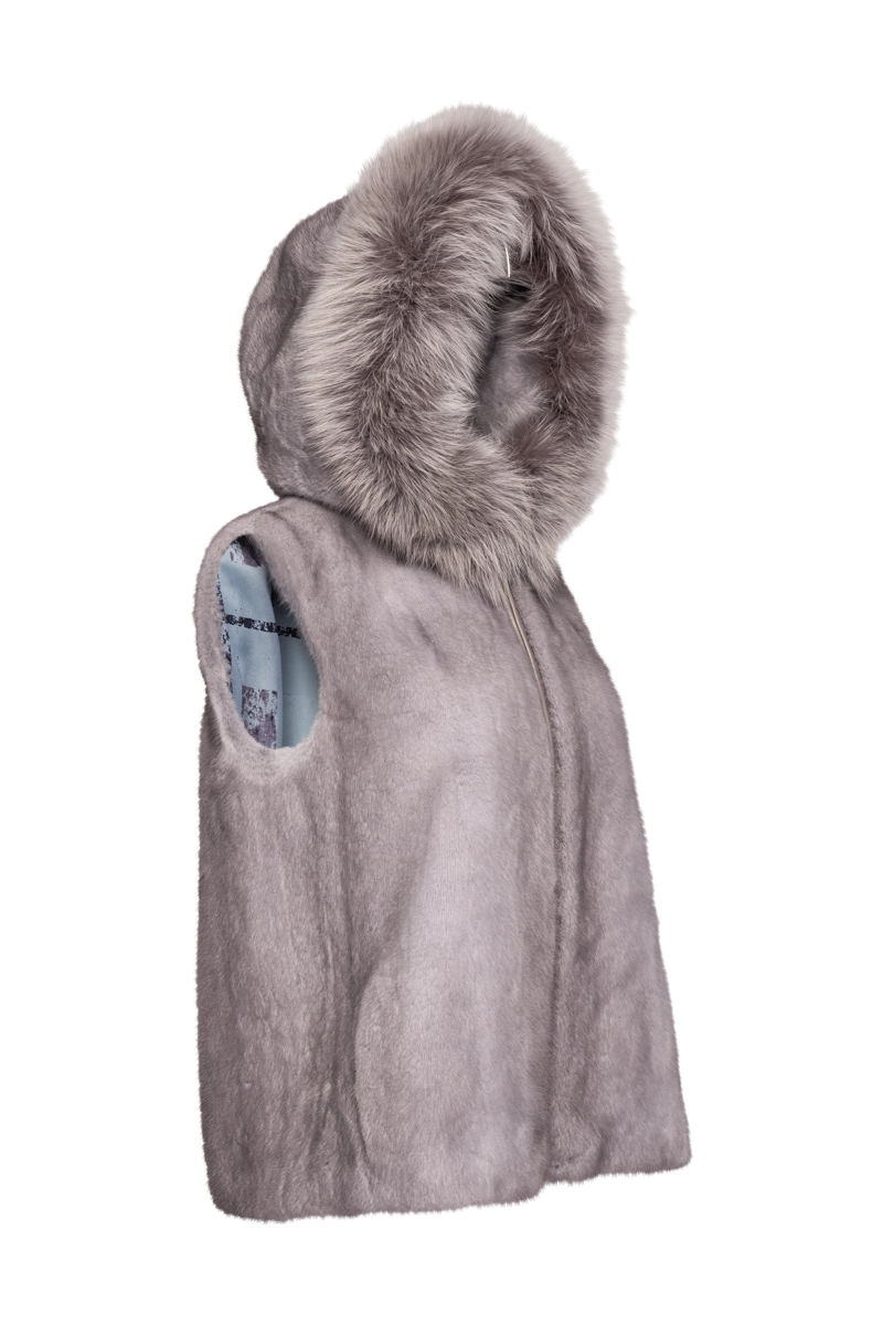 Sapphire Hooded Zip-Up Mink Fur Vest - Fox Fur Hood Trim