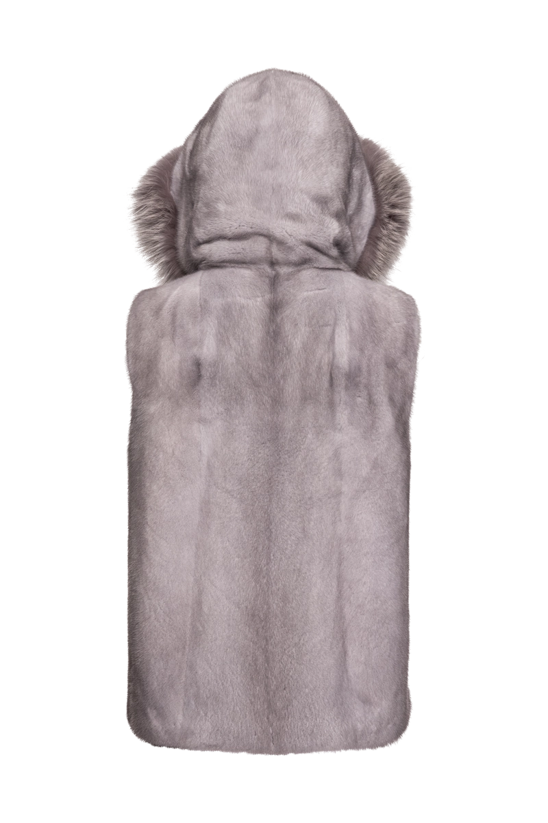 Sapphire Hooded Zip-Up Mink Fur Vest - Fox Fur Hood Trim