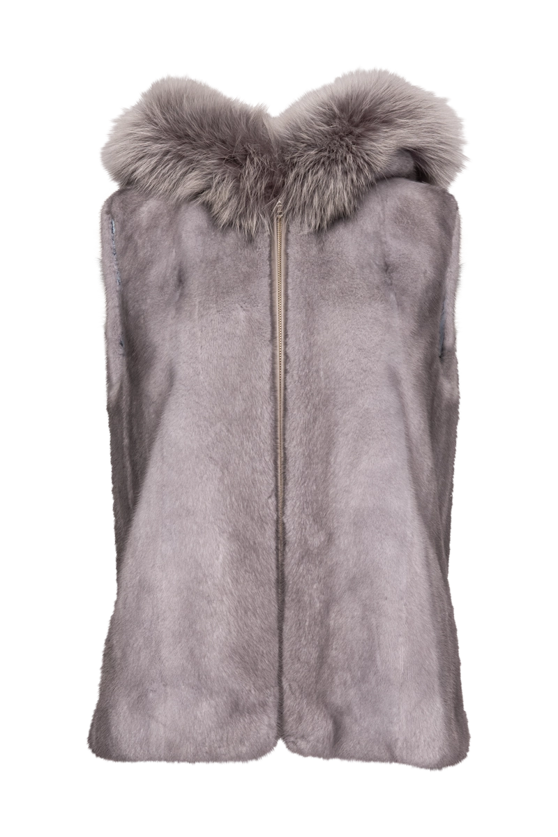 Sapphire Hooded Zip-Up Mink Fur Vest - Fox Fur Hood Trim