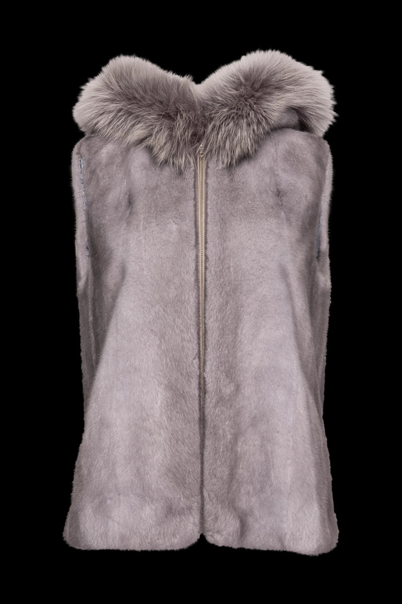 Sapphire Hooded Zip-Up Mink Fur Vest - Fox Fur Hood Trim