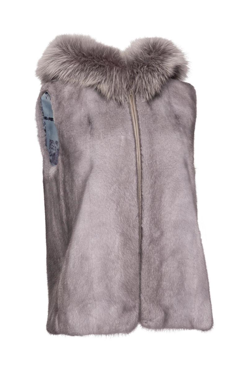 Sapphire Hooded Zip-Up Mink Fur Vest - Fox Fur Hood Trim