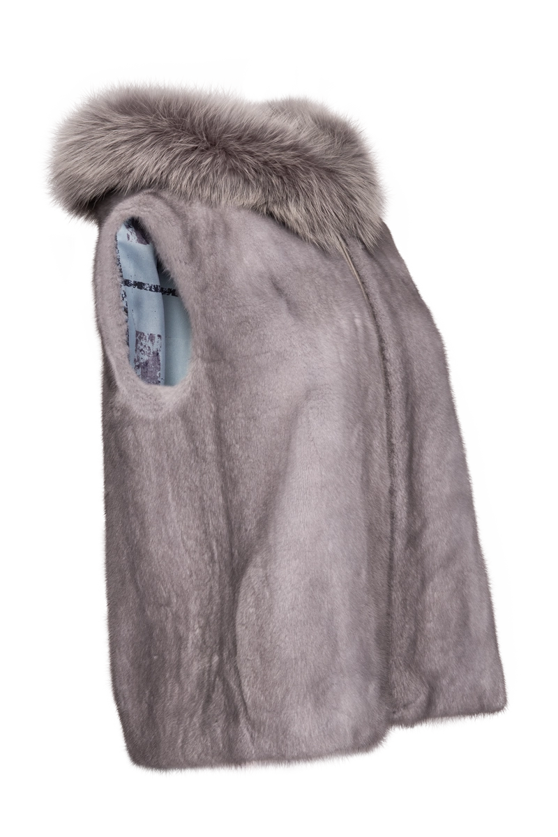 Sapphire Hooded Zip-Up Mink Fur Vest - Fox Fur Hood Trim