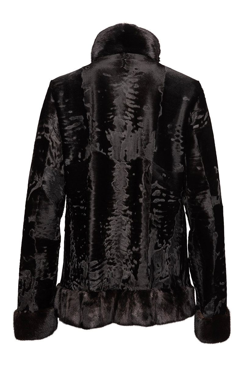 Black Russian Broadtail Fur Jacket - Black Star Mink Fur Details