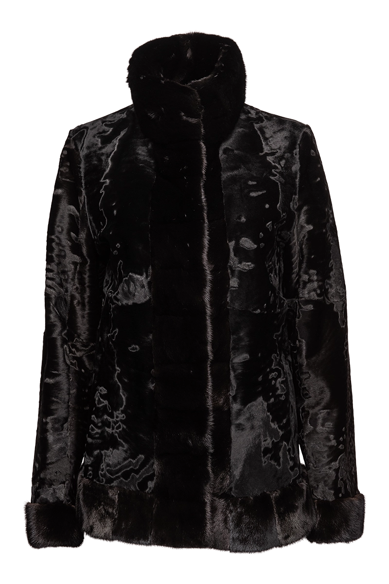 Black EM-EL Russian Broadtail Fur Jacket - Black Star Mink Fur Details