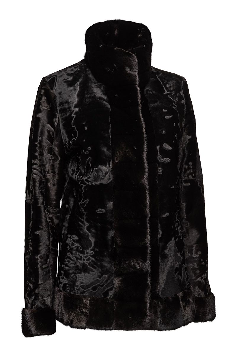 Black EM-EL Russian Broadtail Fur Jacket - Black Star Mink Fur Details