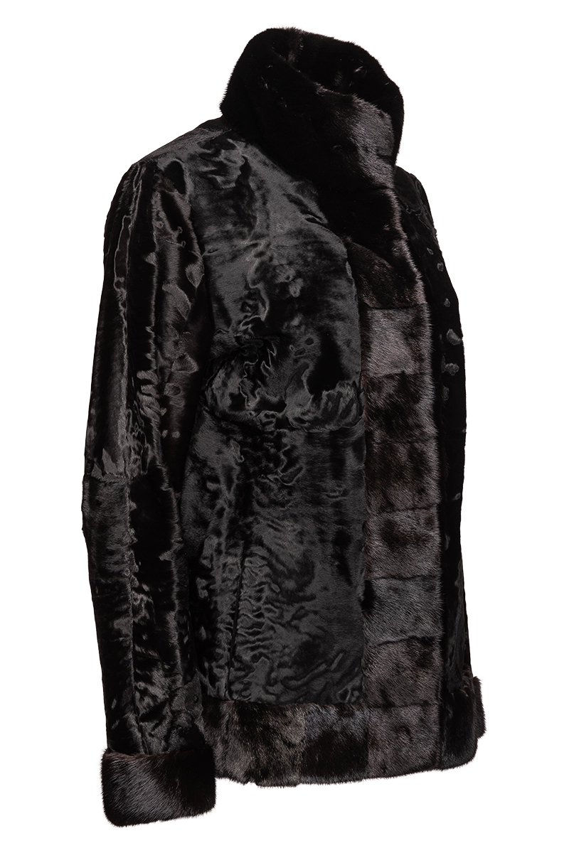 Black EM-EL Russian Broadtail Fur Jacket - Black Star Mink Fur Details