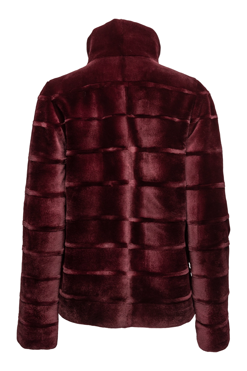 Burgundy EM-EL Women's Reversible Horizontal Striped Casual Sheared Mink Fur Jacket