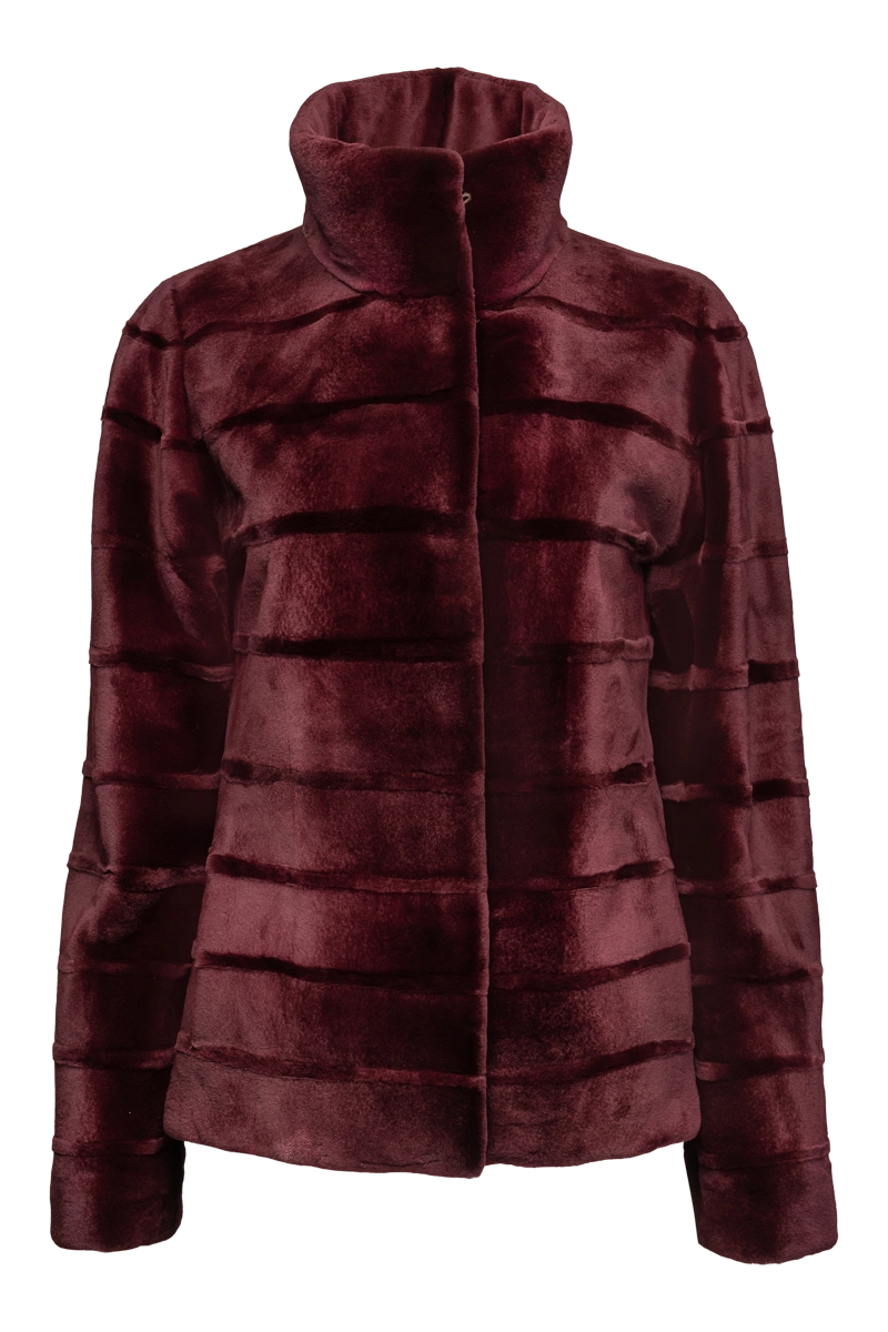 Burgundy EM-EL Women's Reversible Horizontal Striped Casual Sheared Mink Fur Jacket