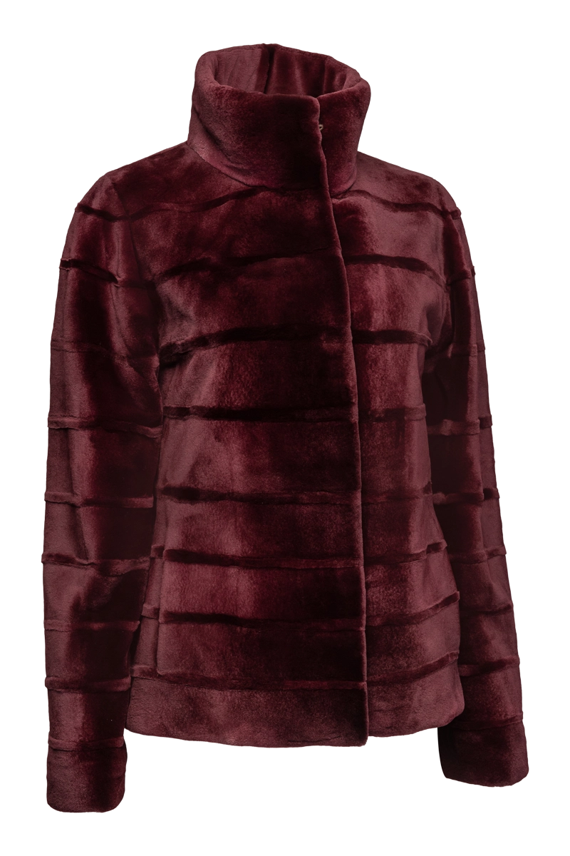 Burgundy EM-EL Women's Reversible Horizontal Striped Casual Sheared Mink Fur Jacket