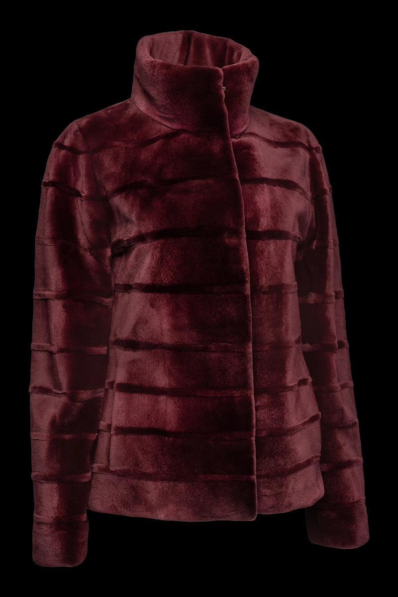 Burgundy EM-EL Women's Reversible Horizontal Striped Casual Sheared Mink Fur Jacket