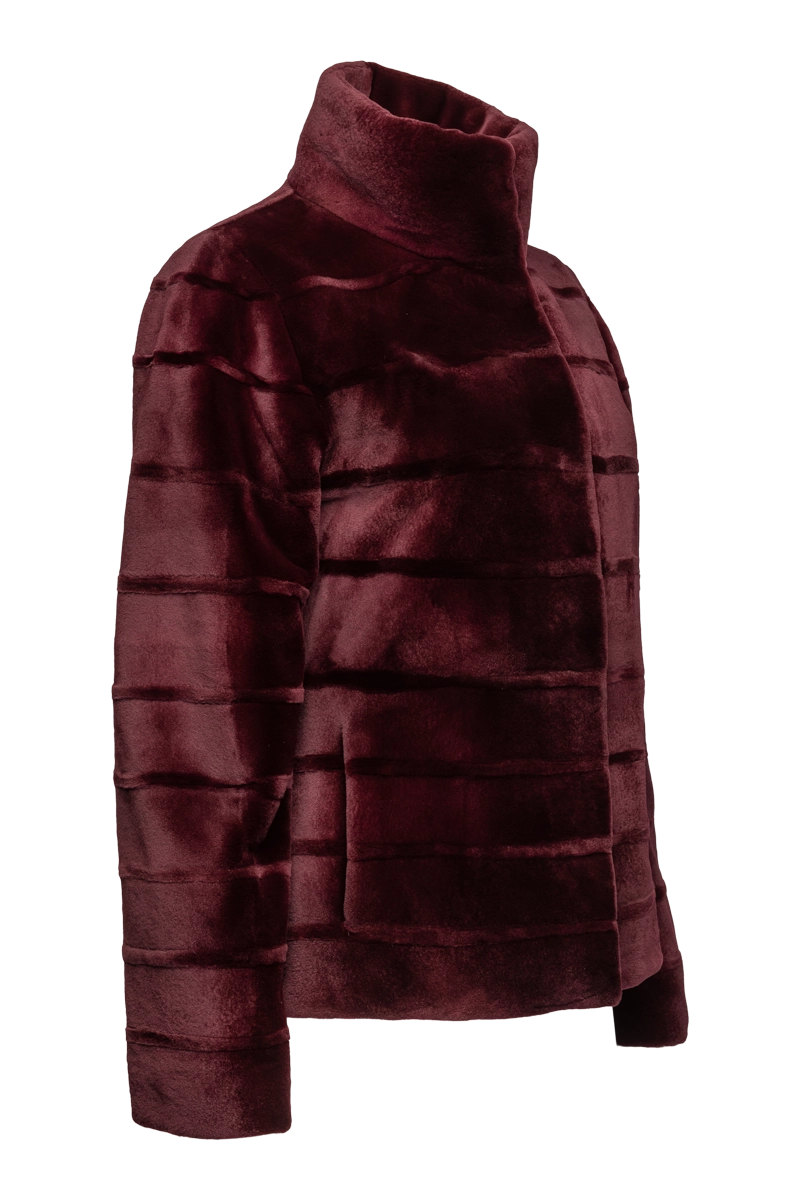 Burgundy EM-EL Women's Reversible Horizontal Striped Casual Sheared Mink Fur Jacket