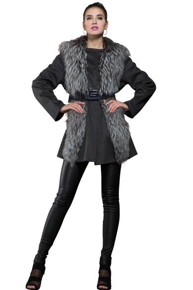 Silver Fox & Charcoal Gray Mid-Length Cashmere Coat