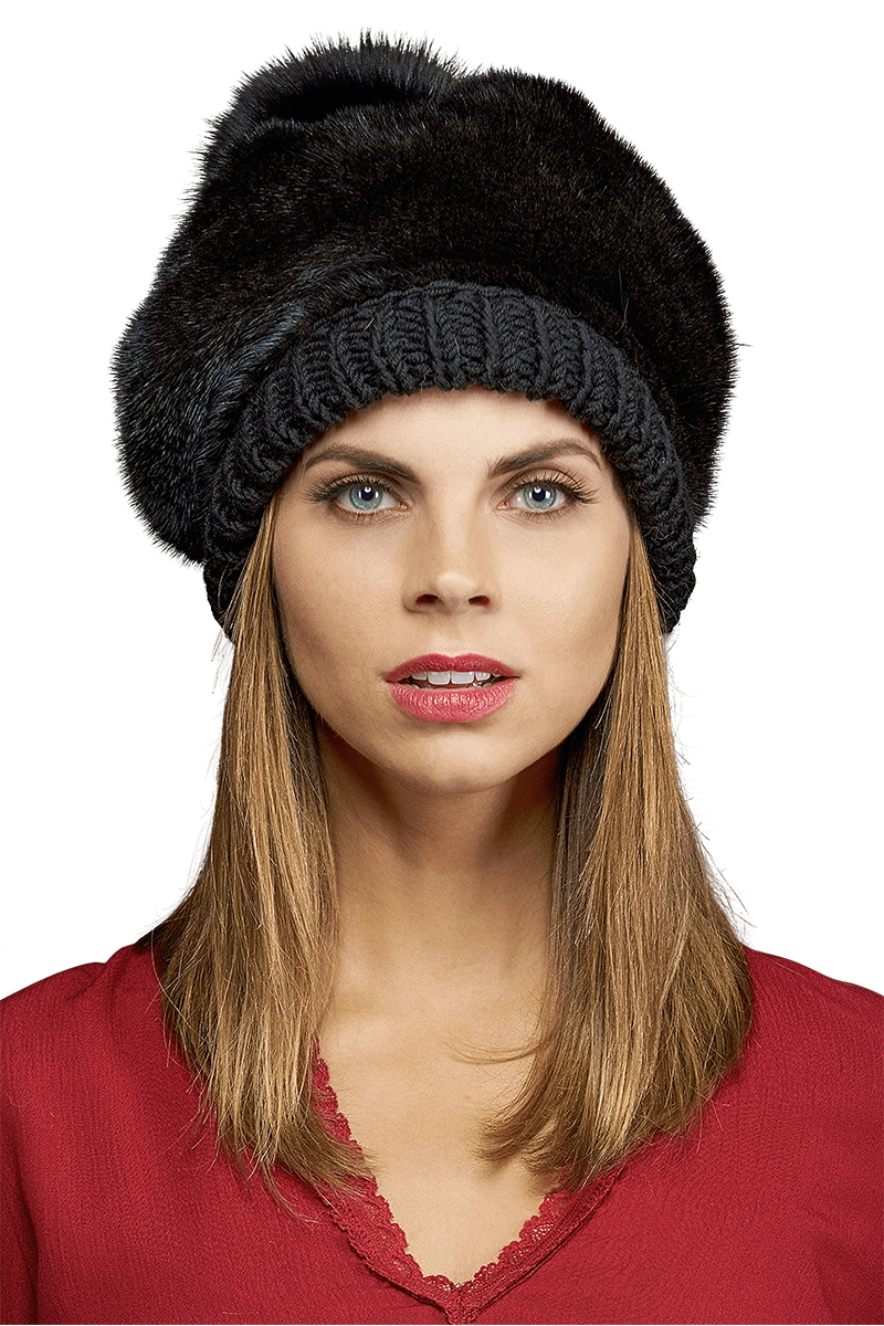 Black Lenore Marshall Perforated Mink Beanie Hat-Mink Fur Pom Pom