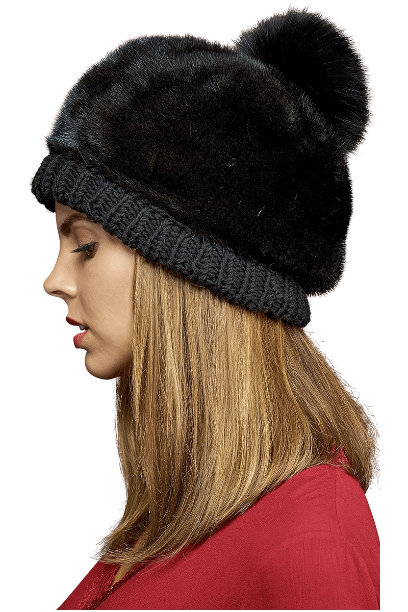 Black Lenore Marshall Perforated Mink Beanie Hat-Mink Fur Pom Pom