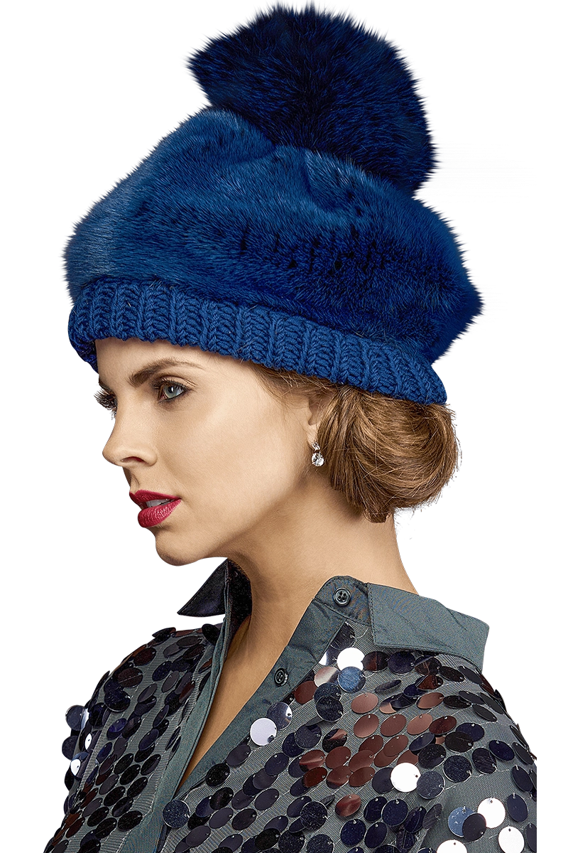 OceanBlue Lenore Marshall Perforated Mink Beanie Hat-Mink Fur Pom Pom