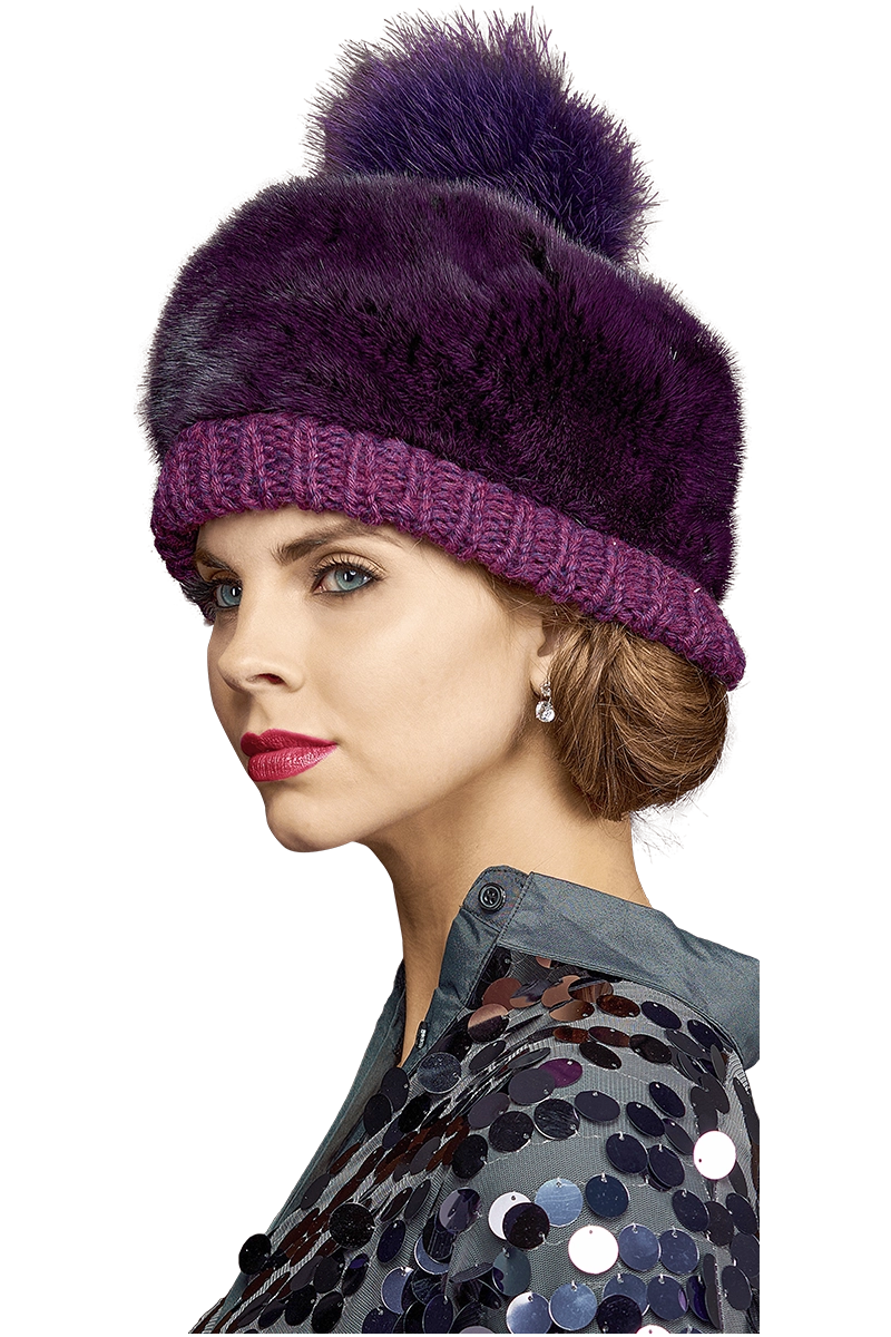 Plum Lenore Marshall Perforated Mink Beanie Hat-Mink Fur Pom Pom