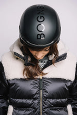 BLACK BOGNER WOMENS DIA-LD DOWN SHEARLING SKI JACKET BOGNER CORTINA HELMET MODEL TOP VIEW