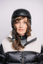 BLACK BOGNER WOMENS DIA-LD DOWN SHEARLING SKI JACKET BOGNER CORTINA HELMET MODEL FRONT VIEW