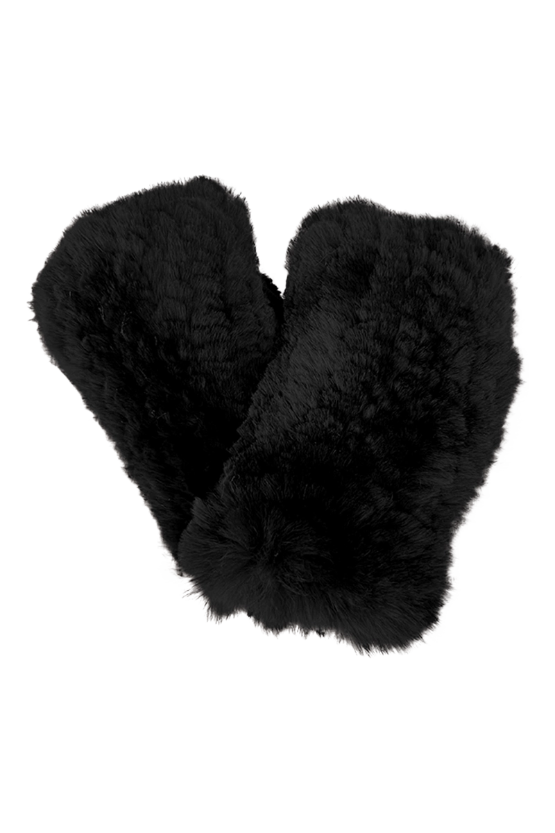 Black EM-EL Knitted Fingerless Rex Rabbit Fur Gloves Product Flat View