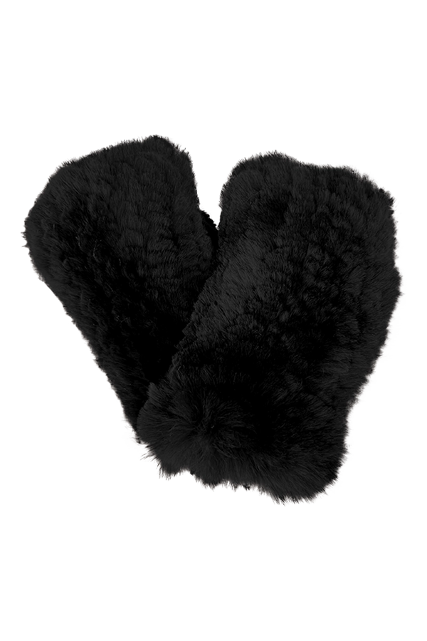 Black EM-EL Knitted Fingerless Rex Rabbit Fur Gloves Product Flat View