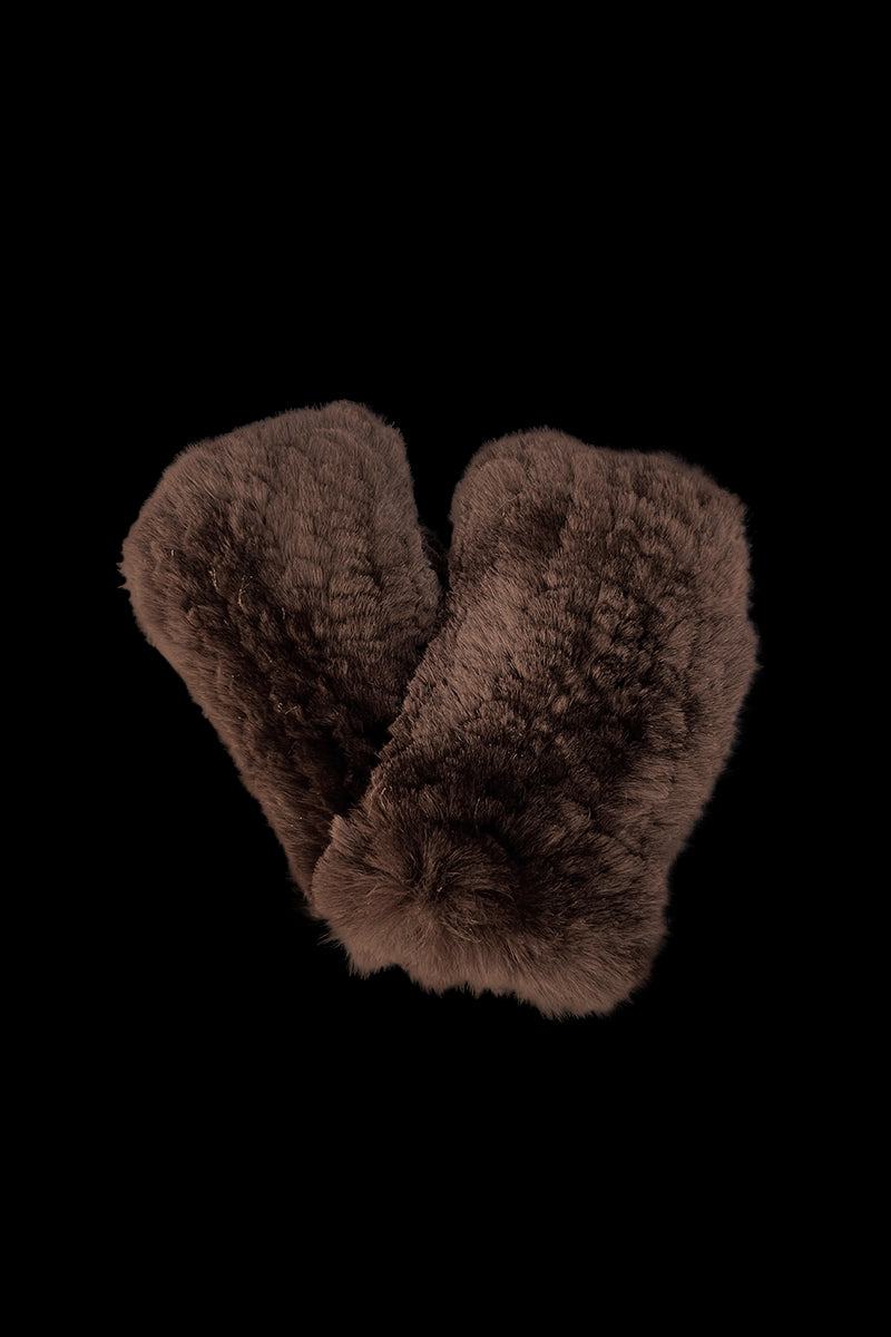 Brown EM-EL Knitted Fingerless Rex Rabbit Fur Gloves