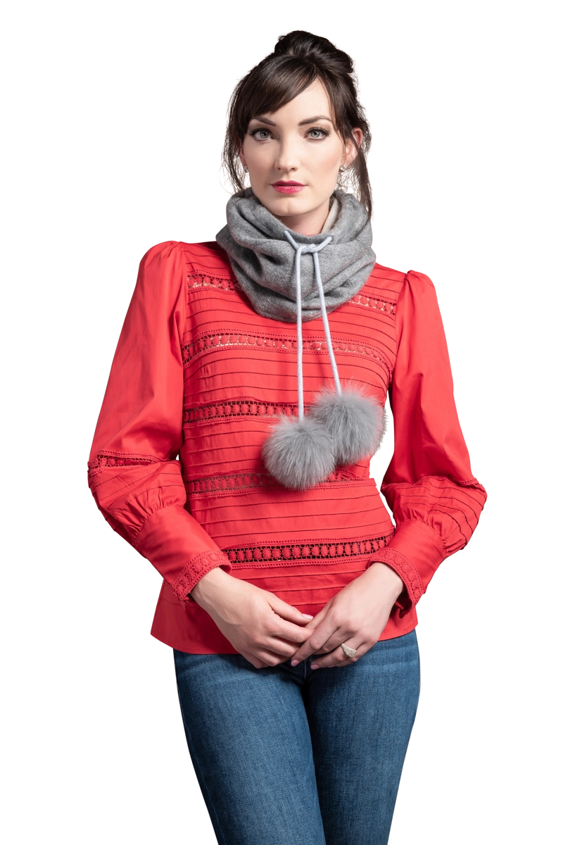 Gray EM-EL Women's Double Faced Cashmere Fur Funnel