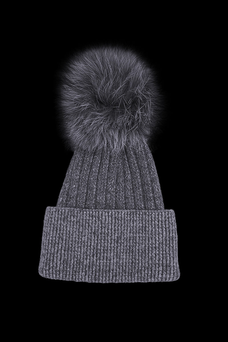 Charcoal EM-EL Bella Knit Hat with Detachable Dyed to Match Fox Fur Pom