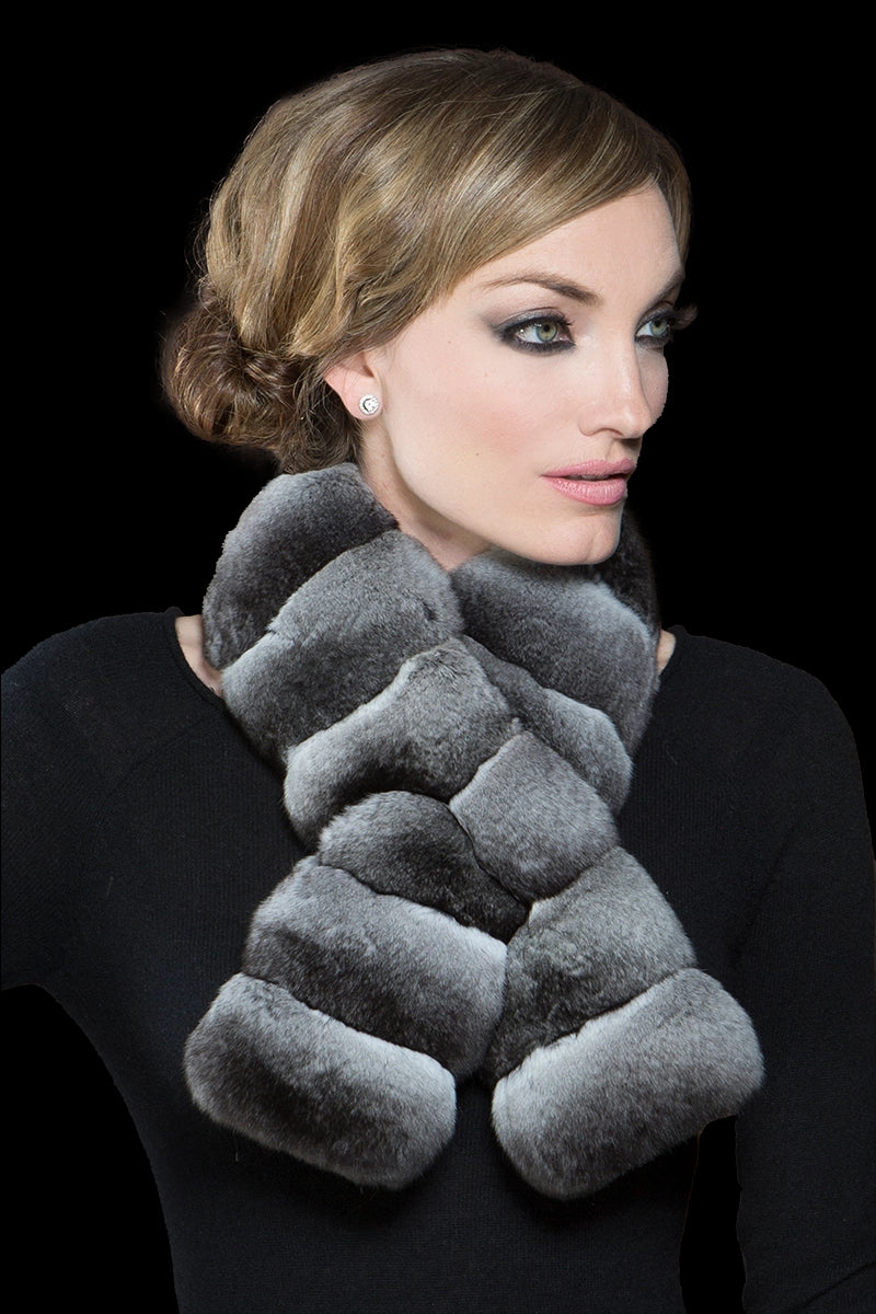 Gray EM-EL Horizontal Pull Through Chinchilla Fur Scarf