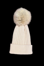 Ivory EM-EL Bella Knit Hat with Detachable Dyed to Match Fox Fur Pom