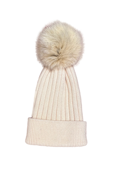 Ivory EM-EL Bella Knit Hat with Detachable Dyed to Match Fox Fur Pom