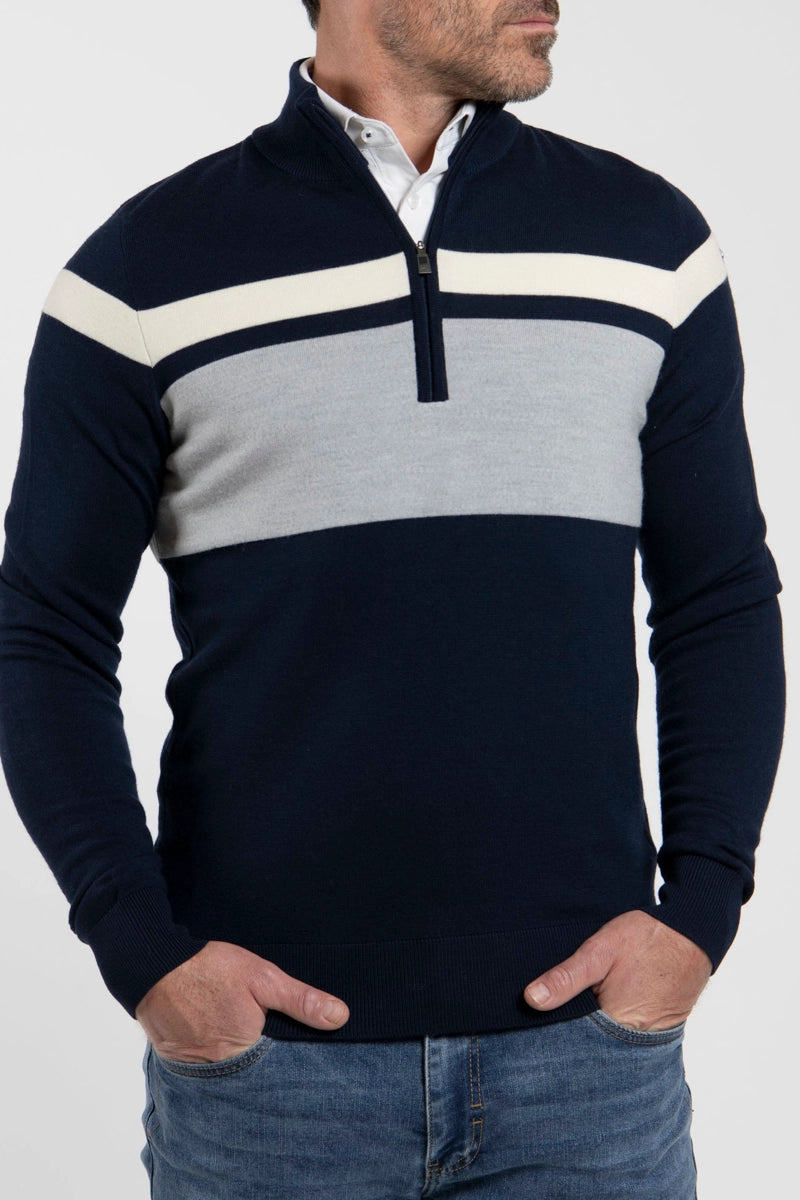Navy/Cream Kjus Men's Stripe Half-Zip Merino Wool Ski Sweater Model Front View