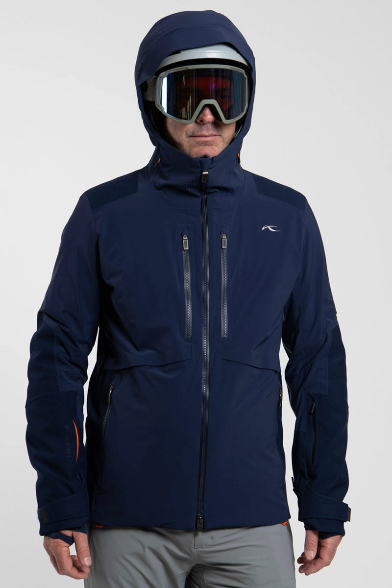 NavyBlue Kjus Men's Ligety Hexair Ski Jacket Model Front View Hood Up