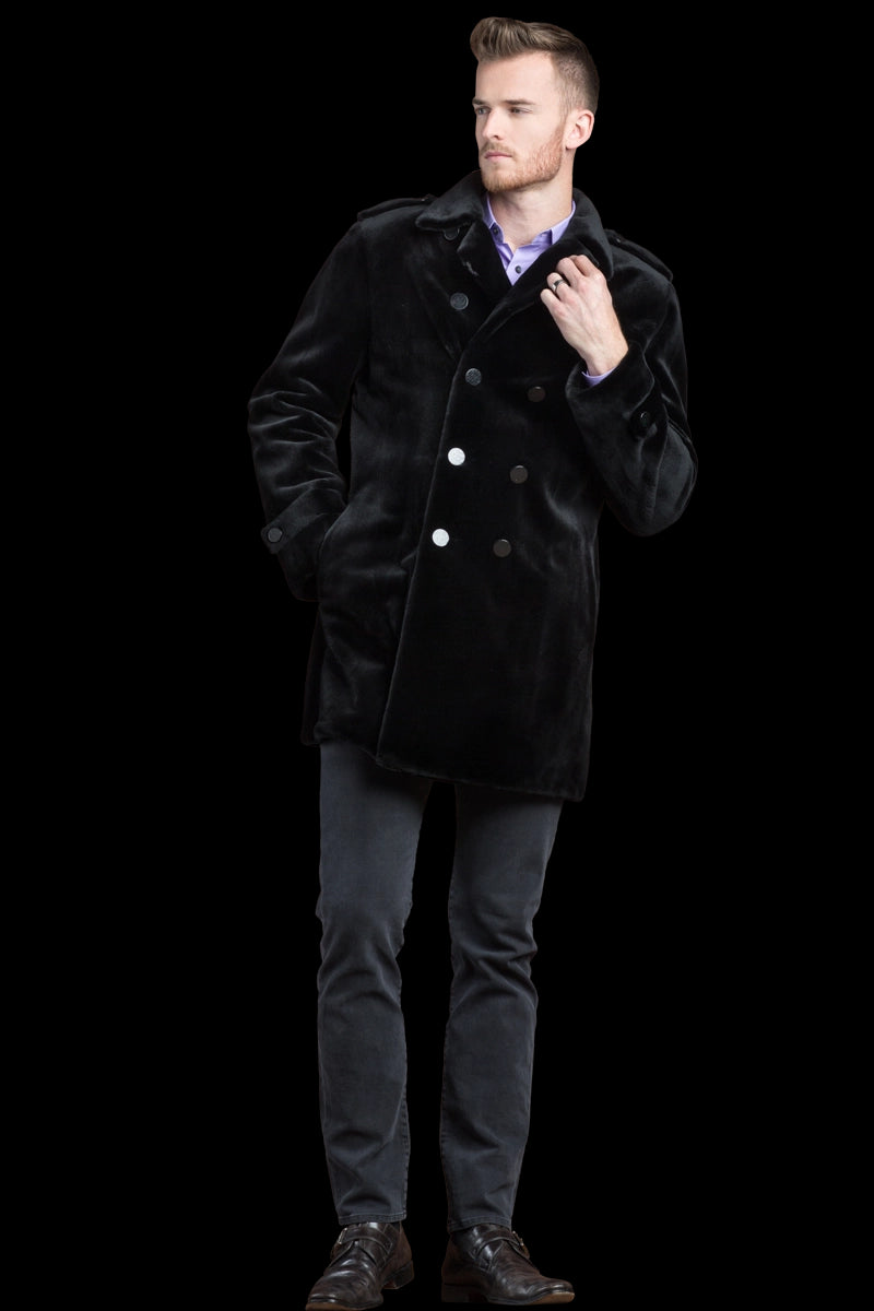 Black EM-EL Men's Black Sheared Mink Double Breasted Mid Length Fur Jacket