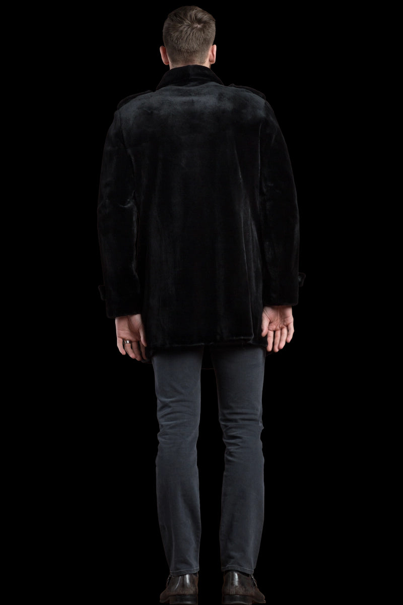 Black EM-EL Men's Black Sheared Mink Double Breasted Mid Length Fur Jacket