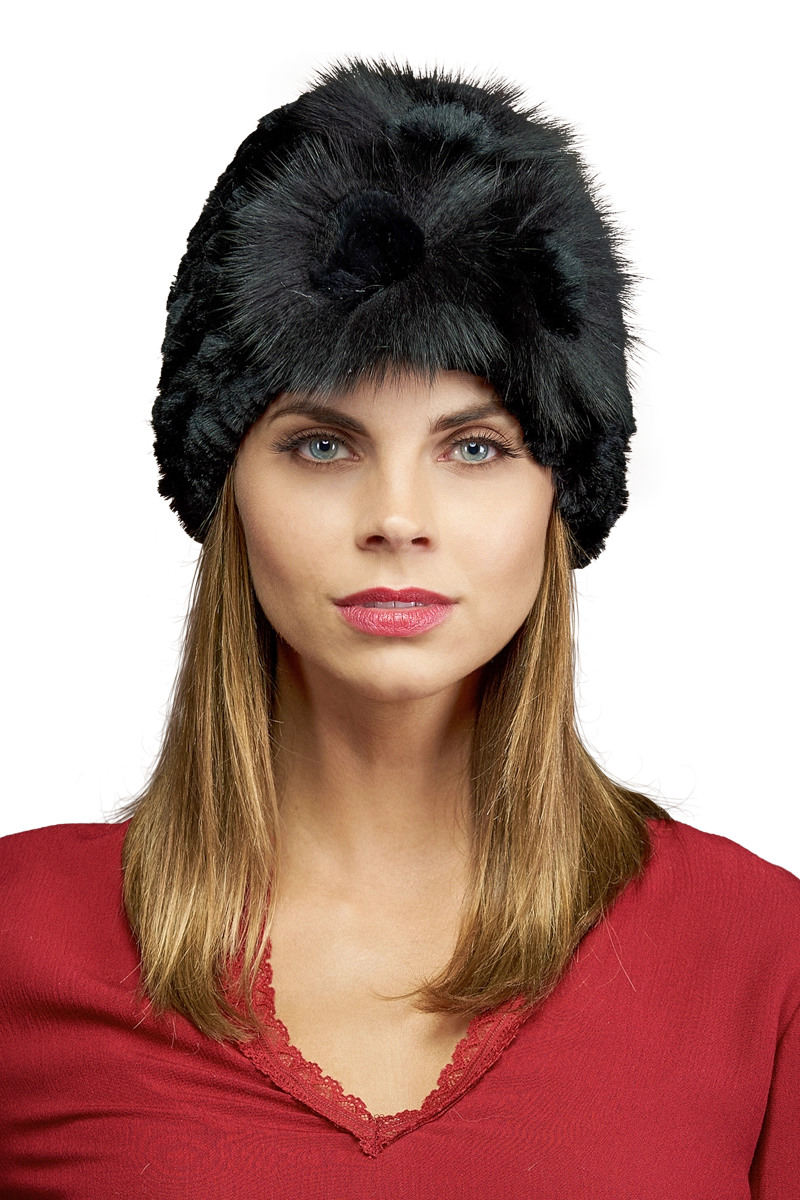 Black EM-EL Knitted Rex Rabbit Fur Hat-Flower Detail