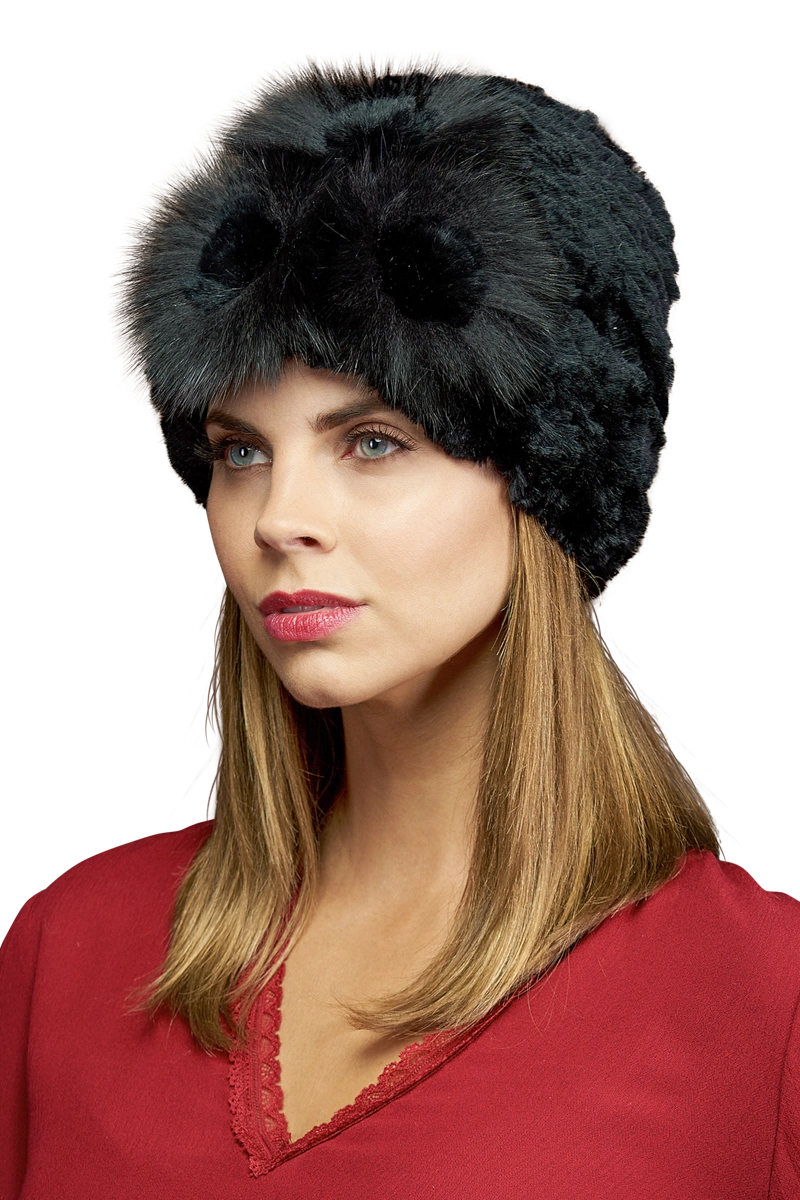 Black EM-EL Knitted Rex Rabbit Fur Hat-Flower Detail