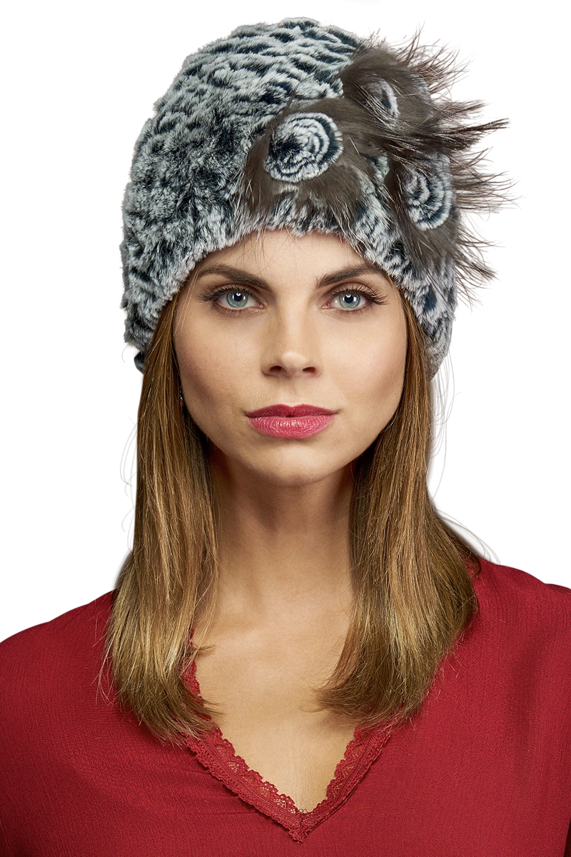 Gray EM-EL Knitted Rex Rabbit Fur Hat-Flower Detail