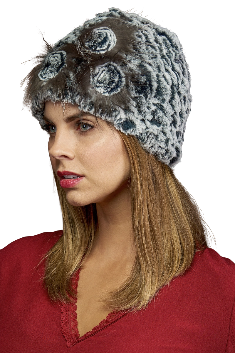 Gray EM-EL Knitted Rex Rabbit Fur Hat-Flower Detail